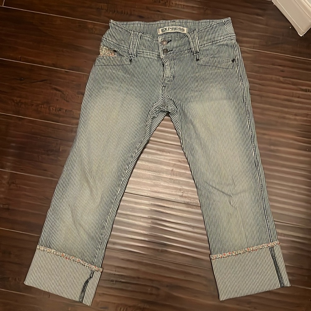 Express Women's Striped Jeans Blue/White Cotton Blend Size 9/10